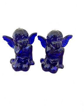 Cobalt Blue Heavy Glass Pair Angel Cherub Candle Holders Vintage 5"
